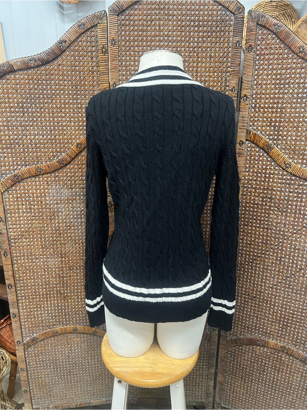 Lauren Ralph Lauren black white v neck sweater PL preppy cotton cable knit - Picture 10 of 11